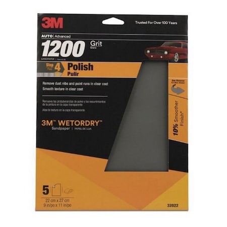 3M 3M WetordrySandpaper, 32022, 1200 Grit, 9 inch x 11 inch, 5PK 7010364780